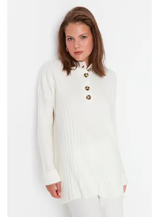 Ecru Collar with Buttons, Corduroy Knitwear Sweater TCTAW23AK00035 