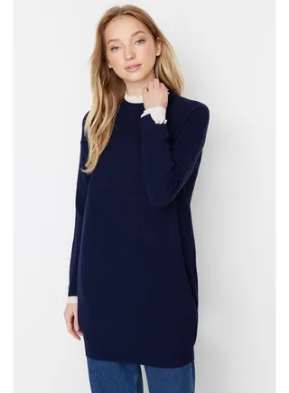 Navy Blue Sleeves Pearl Detailed Knitwear Sweater TCTAW23AK00027 