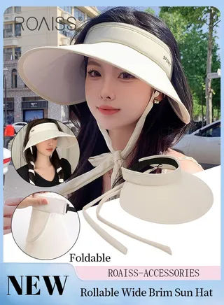 Rollable Wide Brim Sun Hat for Women Empty Top UPF50+ Sun Protection Outdoor Sports Cycling Beach Sun Cap with Strap Design Adjustable Size 