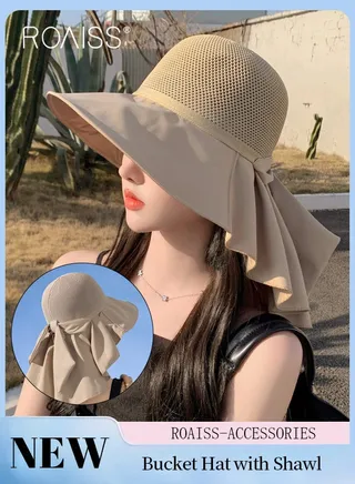 Women's Bucket Hat with Shawl Breathable Hollow Cut Knitted Sun Hat Wide Brim UPF50+ Sun Protection Cap Packable Summer Beach Outdoor Hat for Women 