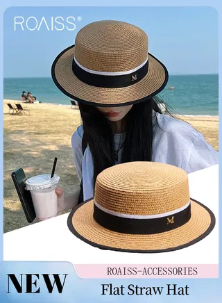 Classic Flat Top Straw Hat for Women Summer Beach Hat Vacation Sunshade Sunscreen Woven Hat Letter Decor Sun Hat Fashion Accessories 