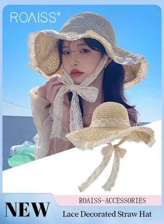 Big Floppy Sun Hat Summer Beach Straw Hat for Women Foldable Hollow Lace Trim Wide Brim Straw Hat with Chin Strap Beige 