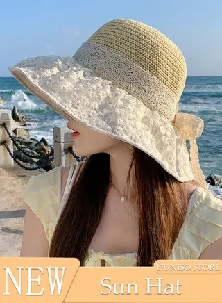 Women's Sun Straw Hat Big Bowknot Summer Hollow out Straw Hat Wide Brim Roll Up Beach Cap UV Protection UPF50+ for Vacation Outdoor Activities 