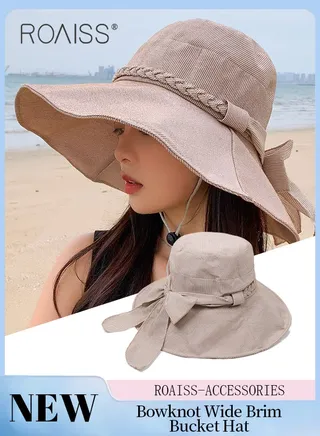 Wide Brim Bucket Hat with Twisted Bowknot for Women - Foldable Lightweight Breathable Striped Sun Hat with UV Protection for Summer Beach Outdoor 