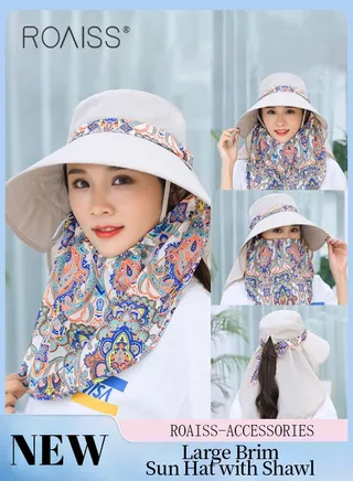 Large Brim Sun Hat with Shawl and Face Mask for Women Adjustable Face Covering UPF50+ Sun Protection Ponytail Comfort Hat Packable Summer Beach Outdoor Hat Garden Fishing Hiking 