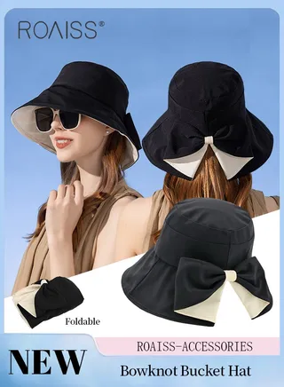 Wide Brim Bowknot Bucket Hat for Women Foldable Lightweight Breathable Sun Hat with UV Protection for Summer Beach Outdoor 