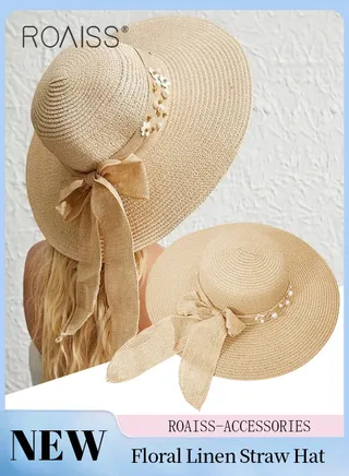 Boho Wide Brim Hat Floral Linen Ribbon Decor Sun Protection Vacation Fashion Straw Hat for Women Summer Beach Foldable Cap Beige 
