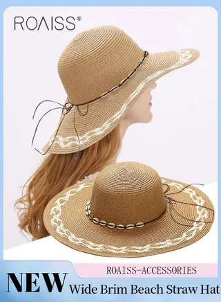 Braided Trim Wide Brim Hat Shell Decor Sun Protection Vacation Fashion Straw Hat for Women Summer Beach Foldable Cap Khaki 