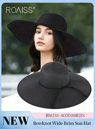 Boho Wide Brim Hat Rope Decor Sun Protection Vacation Fashion Straw Hat for Women Summer Beach Foldable Cap Black 