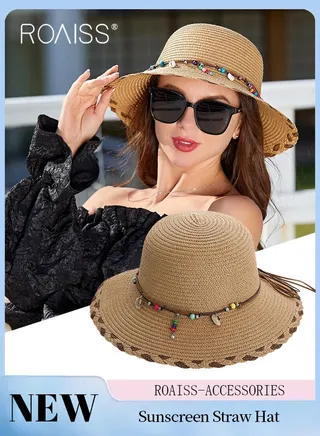 Braided Trim Wide Brim Hat Shell Beads Decor Sun Protection Vacation Fashion Straw Hat for Women Summer Beach Foldable Cap Khaki 