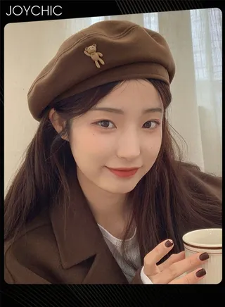 French Style Lovely Bear Design Spring Autumn Winter Windproof Beret Cap Outdoor Warm Hat for Women Girls Brown One Size 