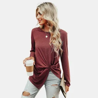 Women's Twist Front Slub Knit Tee Top- Cupshe -Red-L