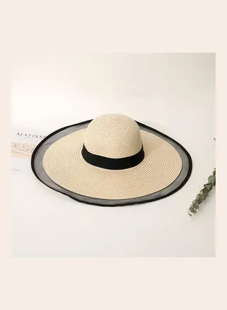 Wide Brim Straw Hat Beige/Black 