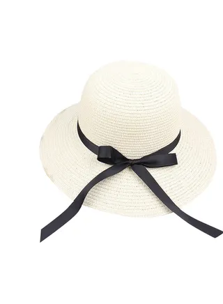 Straw Hat With Ribbon Bow White 