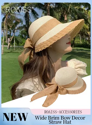 Bow Decor Straw Sun Hat for Women Summer Beach Wide Brim Adjustable Lightweight Foldable/Packable Straw Hat Beige 