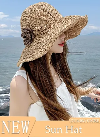 Women's Foldable Sun Straw Hat With Flowers Summer Wide Brim Roll Up Beach Cap Summer Solid Travel Beach Cap UV Protection UPF50+ for Vacation Outdoor Activities 