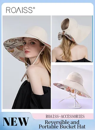 Reversible Portable Wide Brim Bucket Hat with Ponytail Hole Breathable Drawstring Adjustable Sun Protection Soft Leaf Print Hat Women Camping Hiking Fishing Beach Hat 