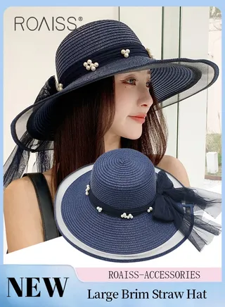 Wide Brim Sun Hat Foldable Sun Visor Pearl Yarn Ribbon Bow Decor Summer Beach Straw Hat for Women Navy Blue 