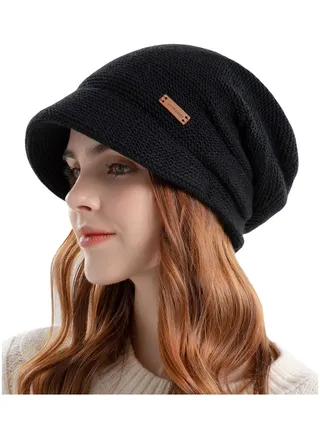 SYOSI Womens Knitted Hat with Visor Brim Winter Slouchy Beanie Hat Warm Fleece Lined Skull Snow Caps Soft Stretch Warm Ski Cap Beanies 
