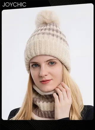2-piece Winter Brimless Hat Scarf Set Thick Warm Knitted Plush Hat Neck Warm Windproof Suitable for Women Outdoor Sports 