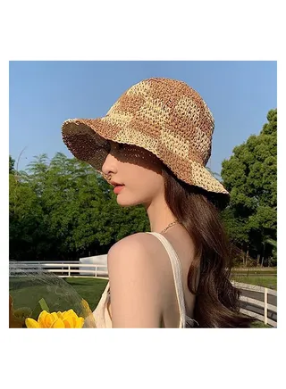Womens Straw Sun Hat Woven Bucket Hat Fishing Hat Beach Hat Foldable Cap Summer Caps, Wide Brim Bucket Hat for Women 