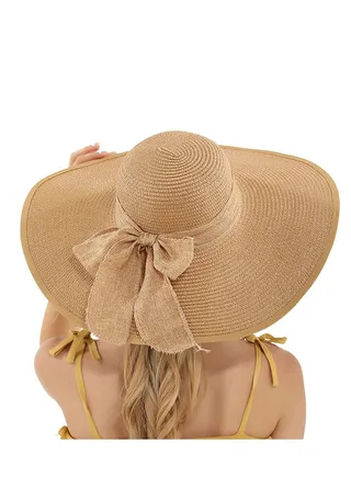 Womens Big Bowknot Straw Hat Large Floppy Foldable Roll up Beach Cap Sun Hat Summer UV Protection Beach Cap 