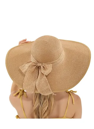 Womens Big Bowknot Straw Hat Large Floppy Foldable Roll up Beach Cap Sun Hat Summer UV Protection Beach Cap 