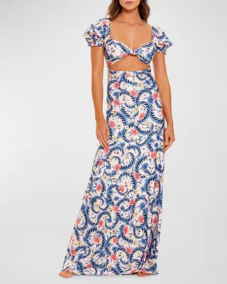 Clare Ross Cutout Puff-Sleeve Maxi Dress
