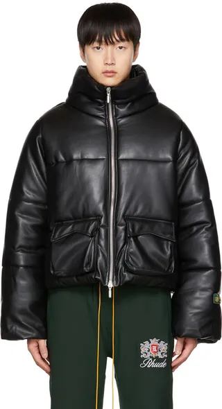 Rhude Black Embossed Faux-Leather Puffer Jacket