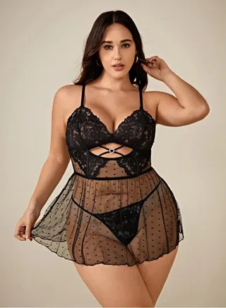 big size  Short babydoll lingerie, black playsuits, elegant women’s nightgown from Four H, code 300 