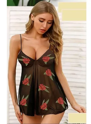 Short babydoll lingerie, black playsuits, elegant women’s nightgown from Four H, code 184 