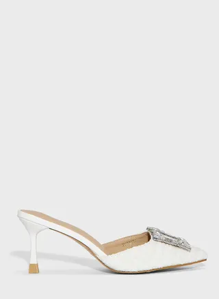 Tweed Embellished  Heeled Mule 