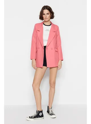 Light Pink Regular Lined Double Breasted Closure Woven Blazer Jacket TWOSS20CE0059 