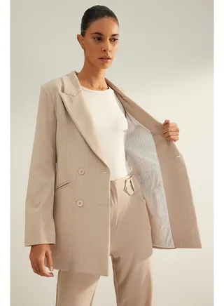 Beige Premium Striped Regular Lined Woven Blazer Jacket TWOAW24BC00004 