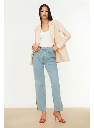 Beige Regular Lined Double Breasted Blazer with Closure TWOSS20CE0059 