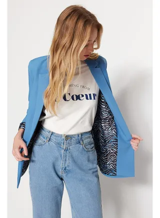 Dark Blue Regular Woven Blazer Jacket with Lining Detail TWOAW20CE0316 