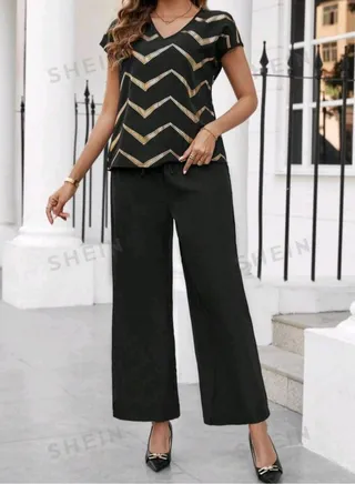 SHEIN  Patterned Top And Solid Color Pants Two Piece Set 