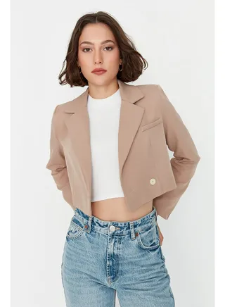 Camel Crop Woven Lined Blazer Jacket TWOAW22CE0086 