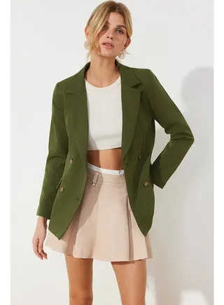 Dark Khaki Regular Lined Double-Breasted Woven Blazer Jacket TWOSS21CE0107 