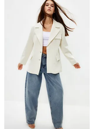 White Oversize Lined Woven Blazer Jacket TWOSS22CE0077 