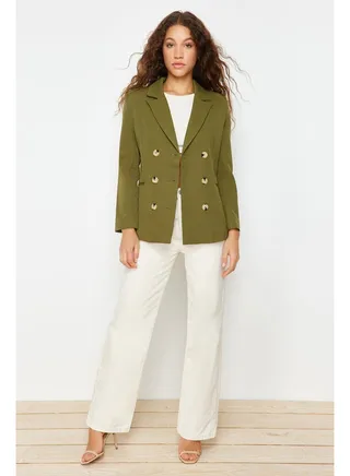 Khaki Regular Lined Double Breasted Closure Woven Blazer Jacket TWOSS21CE0029 
