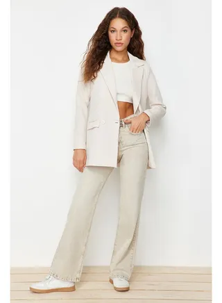 Gray Regular Lined Double Breasted Closure Woven Blazer Jacket TWOSS20CE0059 