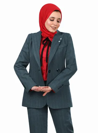 Striped Wool Blend Blazer With Decorative Buttons - Dark Teal 
