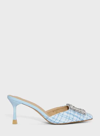 Tweed Embellished  Heeled Mule