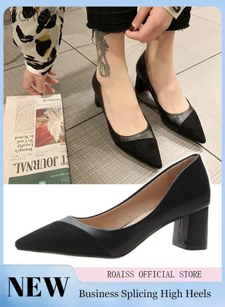 Pointed Shallow Cut Single Shoe Frosted Suede And Pu Leather Patchwork 5.5Cm Thick Heels Rubber Anti Slip Outsole 
