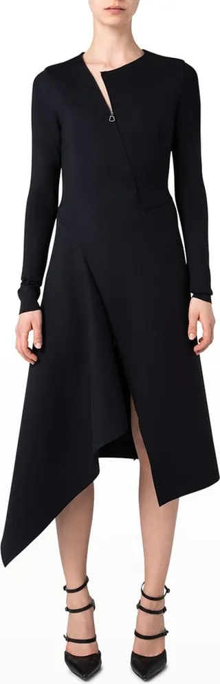 Zip-Front Asymmetric Midi Dress