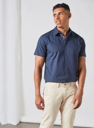 Plain Regular Fit Collared Neck Short Sleeve Shirt Light Navy Blue 