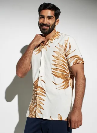 Iconic Tropical Print Linen Viscose Camp Collar Shirt 