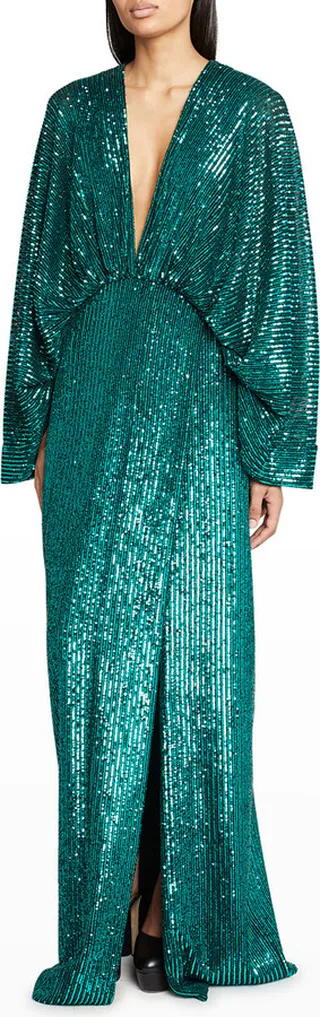 Plunging Paillette Embellished Side-Slit Gown