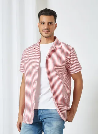Short Sleeve Stripe Print Shirt Red 